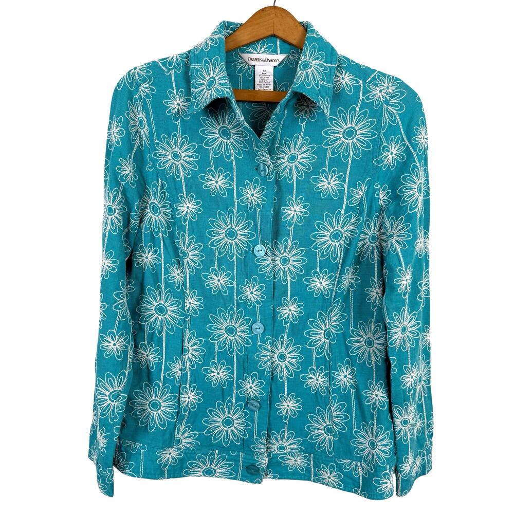 Drapers & Damon's Women Floral Jacket Top Medium Linen Blend Embroidered Beach
